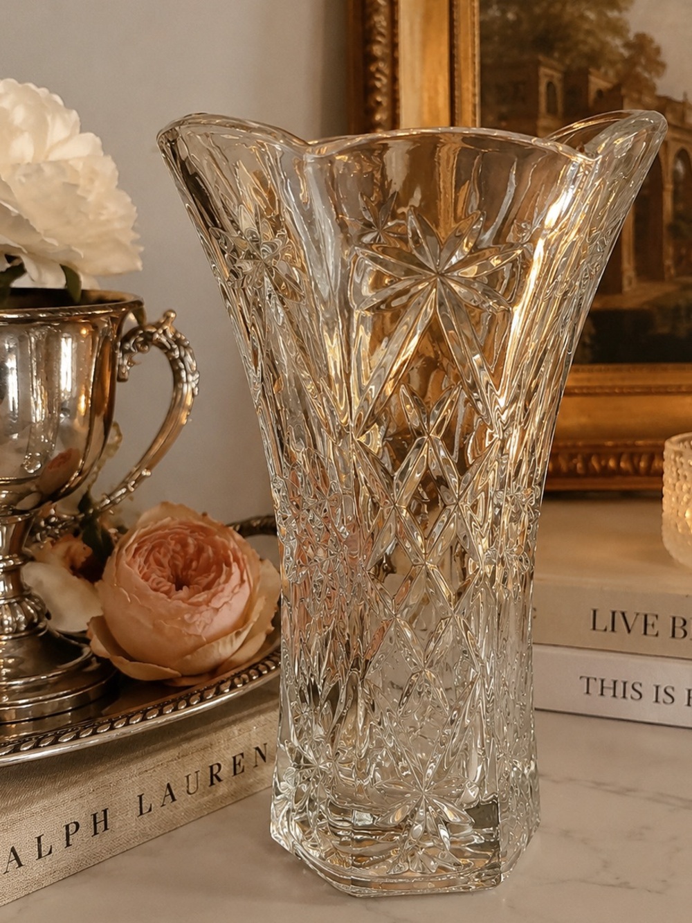 Vintage Anchor Hocking EAPC Large Crystal Cut Glass Vase Cottage Grandmillennial
